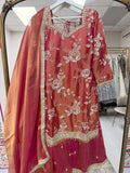 Rose pink embroidered Punjabi suit with floral embroidery, straight pants, and matching organza dupatta for weddings and festive occasions.