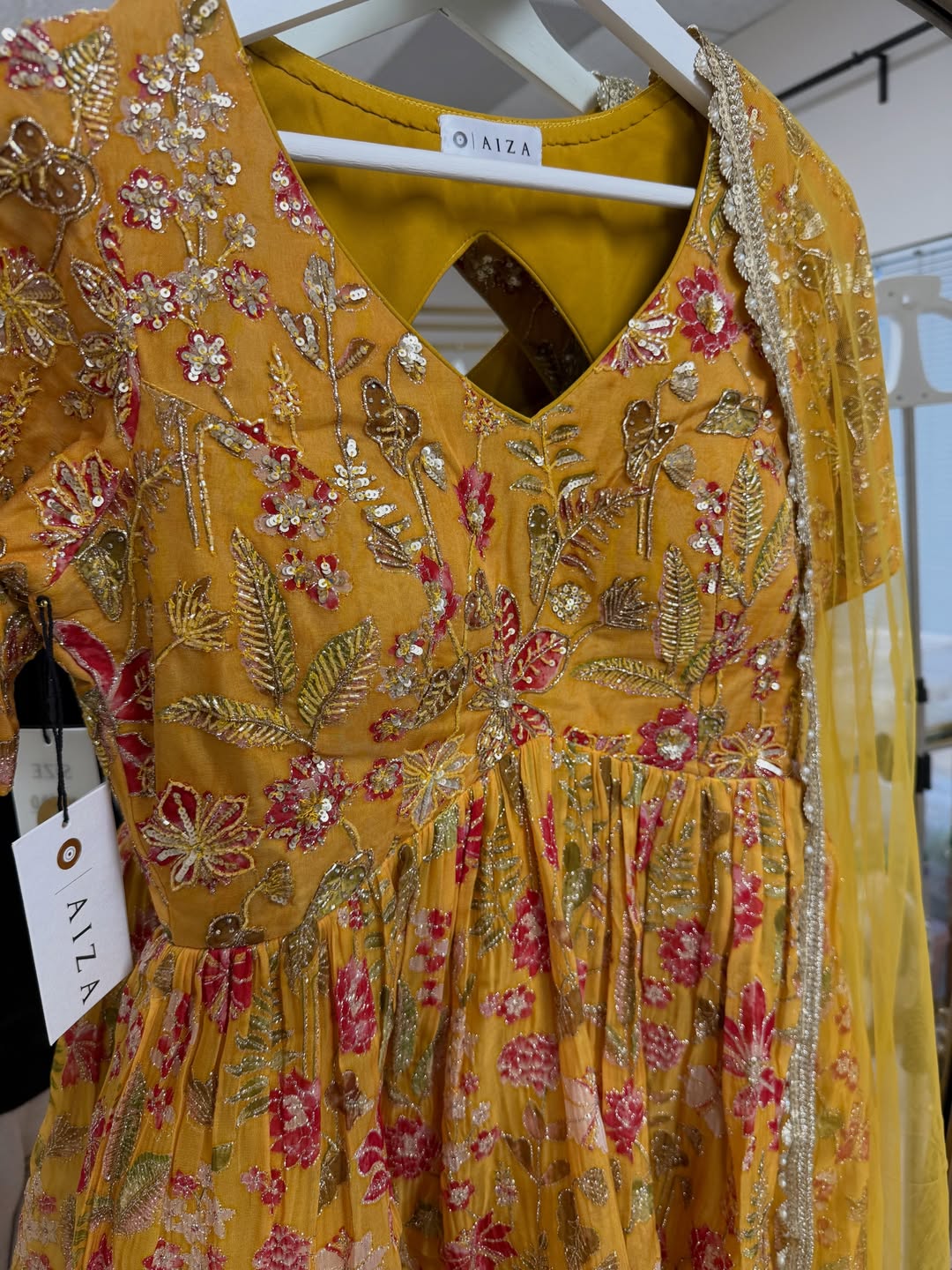 Mustard Floral Embroidered Tiered Anarkali Gown with Dupatta