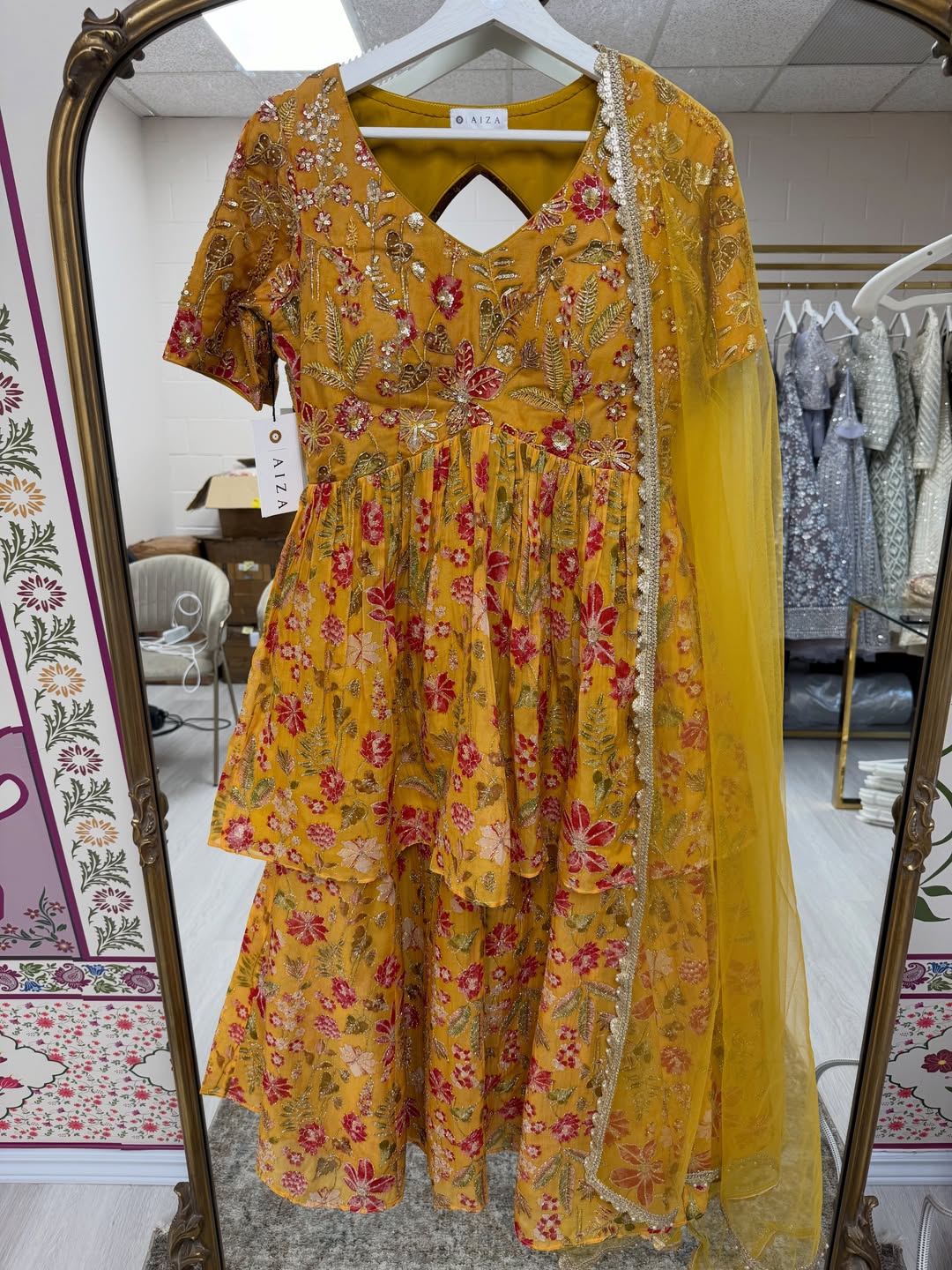 Mustard Floral Embroidered Tiered Anarkali Gown with Dupatta