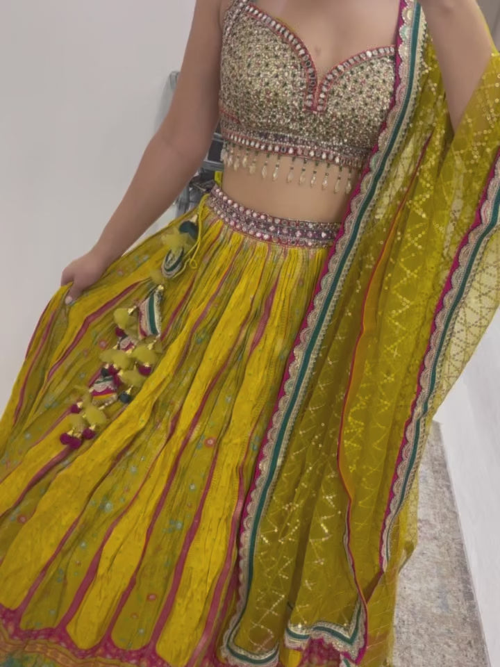 Mustard Yellow Printed Lehenga Set with Embellished Blouse & Sequined Dupatta