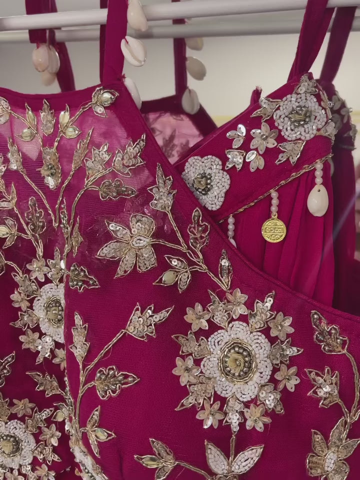 Fuchsia Embroidered Cape Gown with Floral Bodice